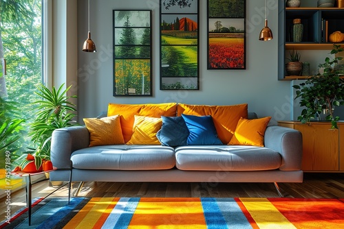 Scandinavian style interior. Living room with bright colors on a sunny summer day.