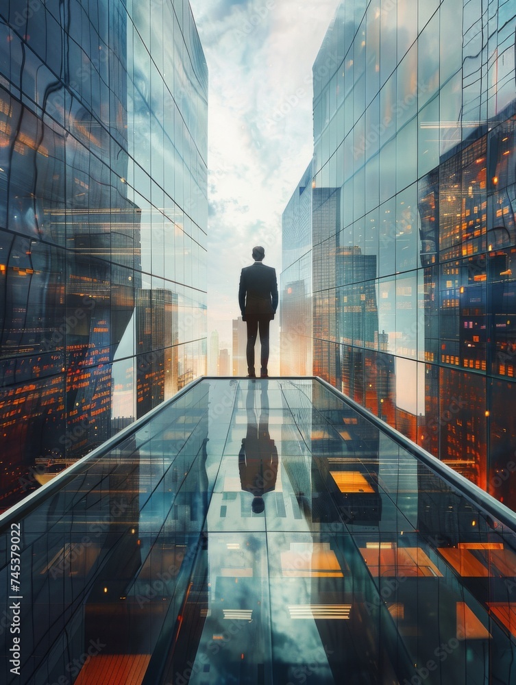 Obraz premium businessman on a glass building with skyline in the background. 