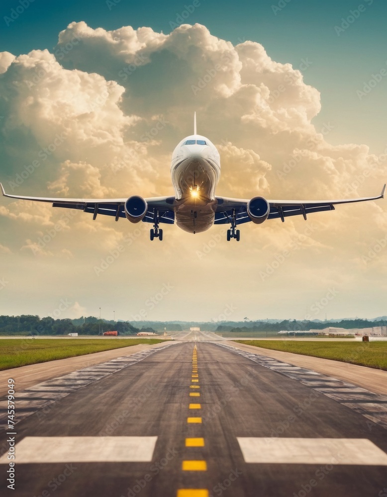 Fototapeta premium Commercial airplane takes off over the runway