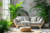 Stylish interior of living room with green houseplants