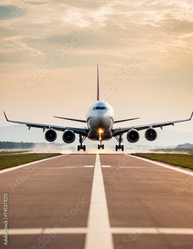 Commercial airplane takes off over the runway