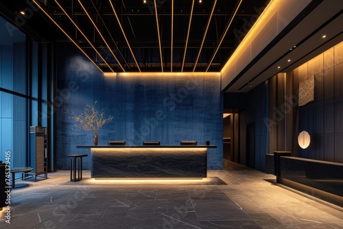 Reception area at a modern hotel has a large light, in the style of shodo,in the style of light blue and dark gray, subtle lighting