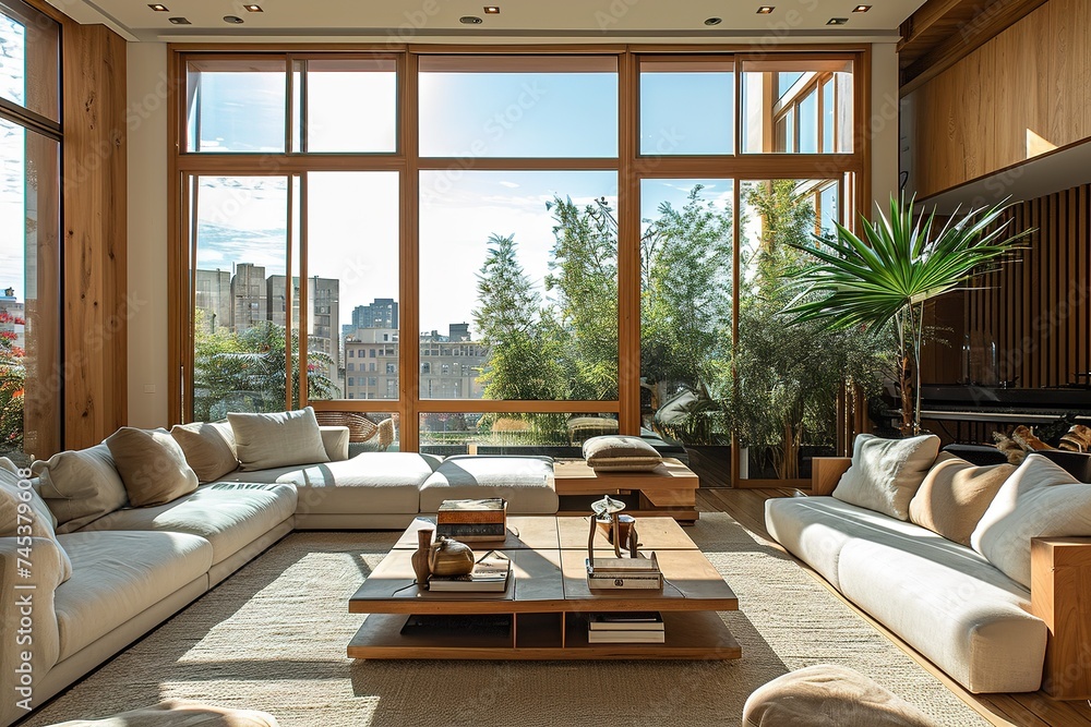 Stylish living room with big windows