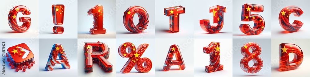 Glass letters shape in colors China flag 3D Lettering Typeface. AI generated illustration Glass letters shape in colors China flag 3D Lettering Typeface. AI generated illustration