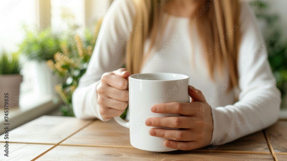 Woman's one hands holds a standard white mug, placed on the table. MOst of the mug is visible. Woman's one hands holds a standard white mug, placed on the table. MOst of the mug is visible.