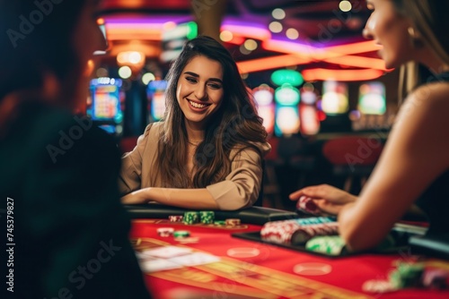 a woman is sitting at a table in a casino playing poker
