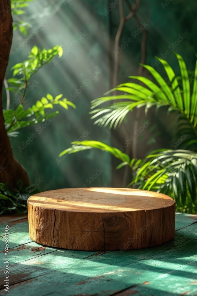 Wooden podium display with leaf shadow. Copy space green background. Cosmetics or beauty product promotion mockup. Wooden podium display with leaf shadow. Copy space green background. Cosmetics or beauty product promotion mockup.