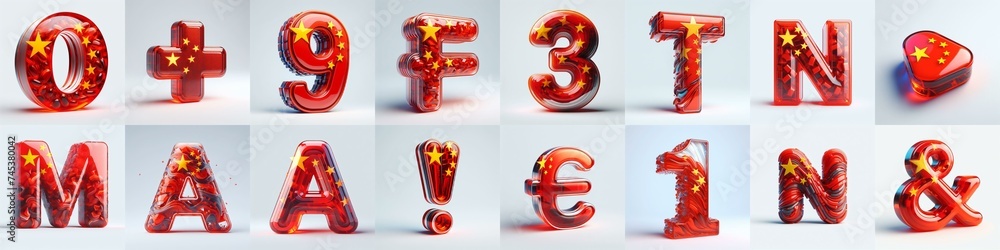 Glass letters shape in colors China flag 3D Lettering Typeface. AI generated illustration Glass letters shape in colors China flag 3D Lettering Typeface. AI generated illustration