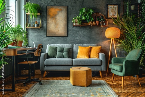 The modenr boho interior of living room in cozy apartment with design coffee table, gray sofa, wooden cube honey yellow pillow, desk, green armchair, plants and elegant accessories. Modern home decor. photo