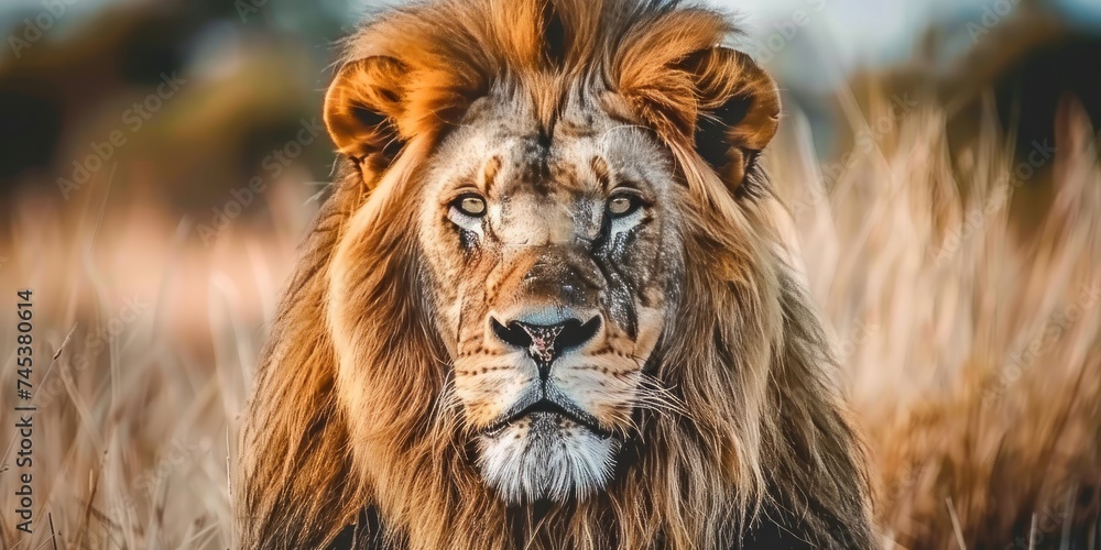 Fototapeta premium The Intense Gaze of a Majestic Lion, Exemplifying Raw Power and Noble Beauty in the Heart of the Savannah, Generative AI