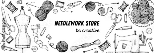 Sewing retro set. Vector hand drawn. Collection of hand drawn sewing tools. Engraved style. Sketch collection.