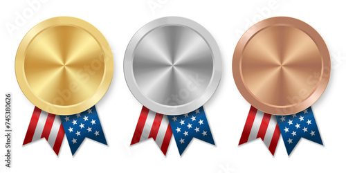 Golden silver and bronze award sport medal with USA ribbons and star