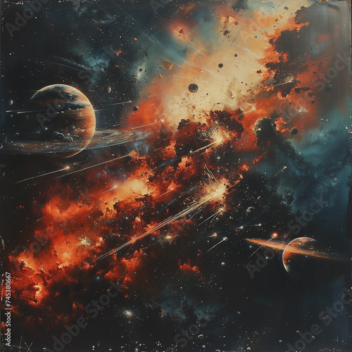 Space Nebula with Planets and Battle Scene