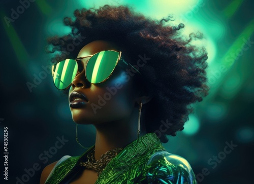 Fashionable Young Woman Wearing Green Sunglasses at a Nightclub Under Neon Lights photo