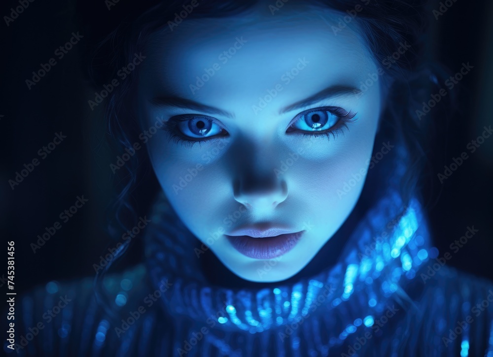 Young girl bathed in blue light gazing intently during nighttime. Young girl bathed in blue light gazing intently during nighttime.