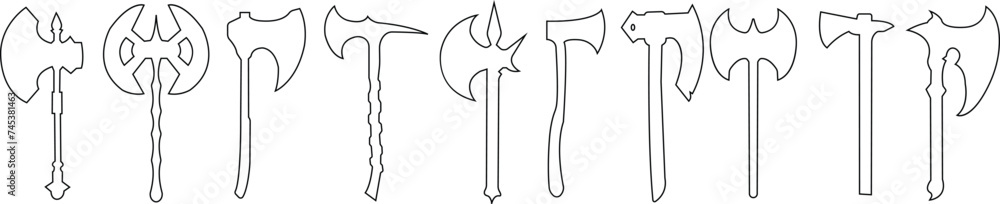 Axe icons set. Outline axe tool line icon collection isolated on transparent background. Firefighter simple wood axe silhouette vector for web and app design, lumberjack symbol medieval weapon Axe icons set. Outline axe tool line icon collection isolated on transparent background. Firefighter simple wood axe silhouette vector for web and app design, lumberjack symbol medieval weapon