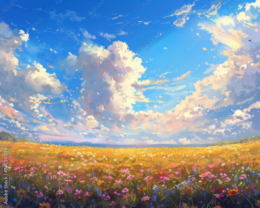 Sun-kissed meadow where flowers hum melodies, engaging in cheerful banter under azure skies