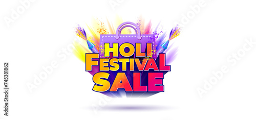 Holi festival sale 3d vector text with Shopping logo bag and color splash. Holi Festival sale promotional concept.