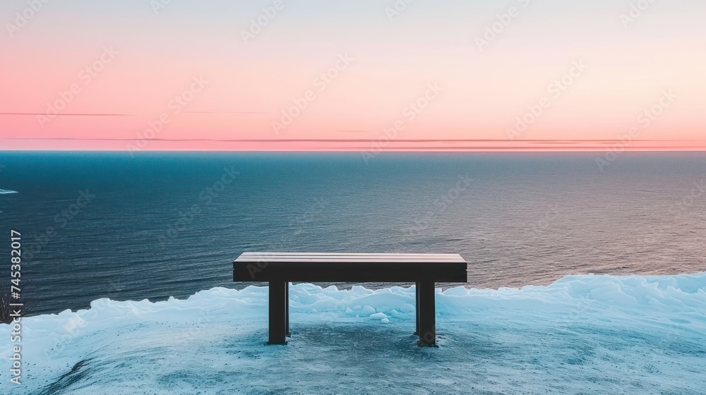 a bench sitting on top of a pile of snow next to the ocean with a pink sky in the background. - obrazy, fototapety, plakaty 