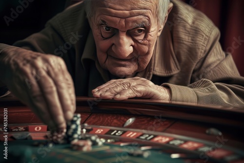 Elderly man enjoying a game of roulette indoors, sharing recreation