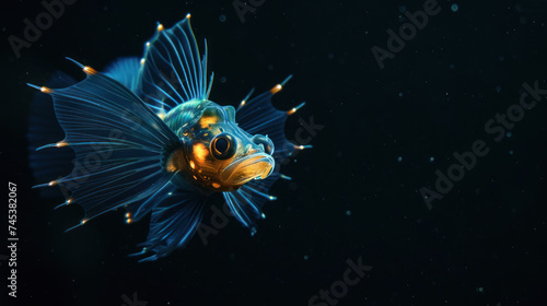 a close up of a blue and yellow fish on a black background with a light on it's head.