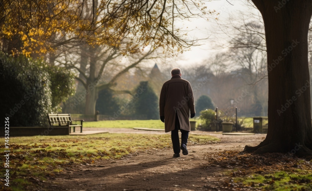 Elderly man taking a solitary walk down a tree-lined path in a peaceful park at sunset. Elderly man taking a solitary walk down a tree-lined path in a peaceful park at sunset.