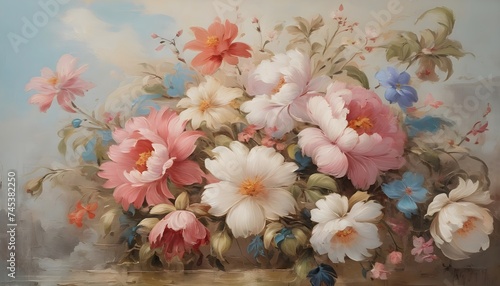 Bouquet of flowers hand-painted in the Victorian style. Decorative background.