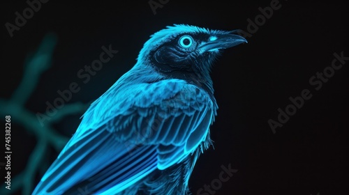 a close up of a bird on a tree branch with a blue glow on it's face and a black background. © Olga
