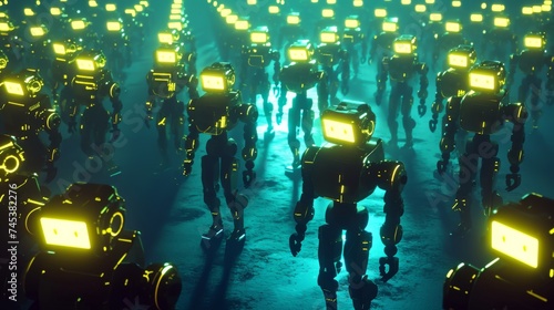 Silhouette of a group of robots on the street