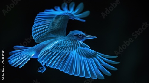 a blue bird flying through the air with it's wings spread out and it's head turned to the side.