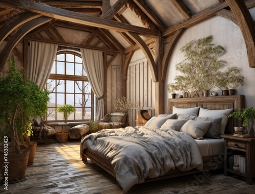 Large bed next to two windows in bedroom. © Marharyta