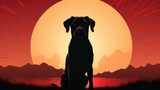 Black silhouette of a dog on a red background with a white circle on the back