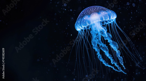 a close up of a jellyfish floating in the water with drops of water on it's back legs. © Olga