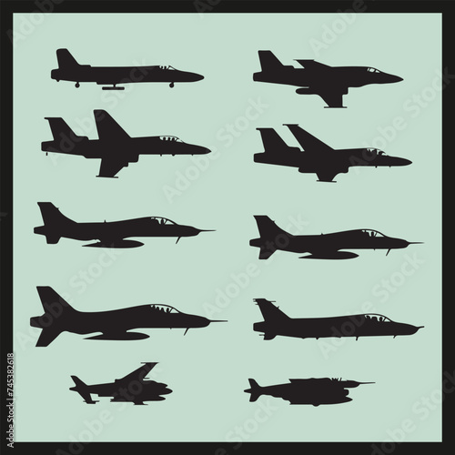 set of silhouettes of airplanes,  Harrier black silhouette set vector