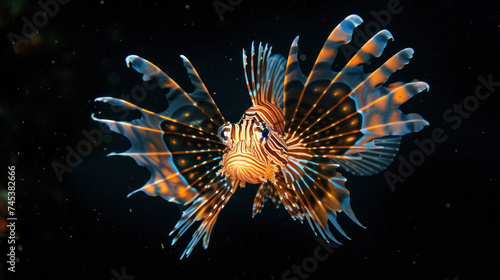 a close up of a lionfish on a black background with a blurry image of it's head.