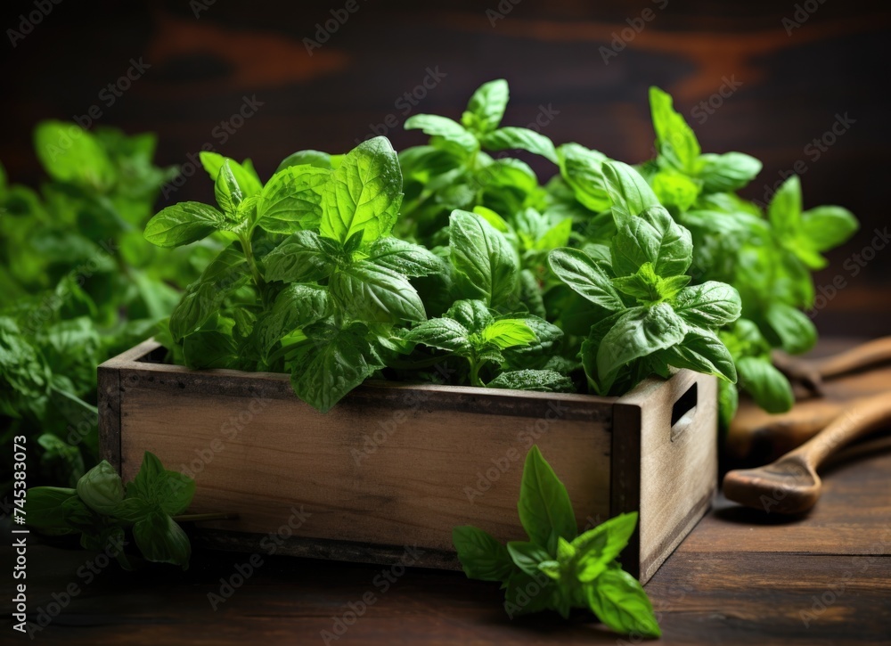 Wooden box with green leaves. Wooden box with green leaves.
