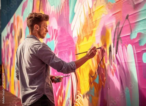 Man Painting Large Colorful Wall