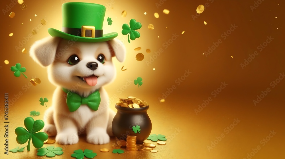 Fototapeta premium 3d cute dog with hat St. Patrick's Day on golden background