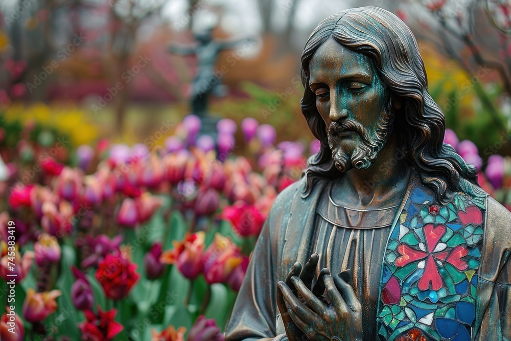 Bronze statue of Jesus Christ with a serene expression, set against a blurred background of colorful tulips. Bronze statue of Jesus Christ with a serene expression, set against a blurred background of colorful tulips.