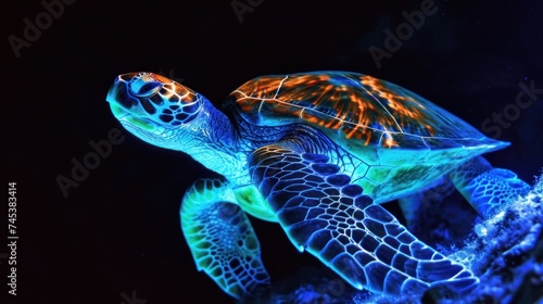 a close up of a sea turtle on a black background with blue and orange lights on it's shell.