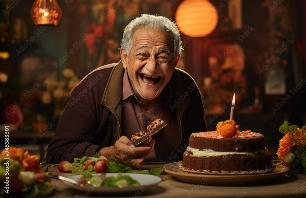 Joyful senior celebrating birthday: elderly man laughing heartily next to a delicious cake