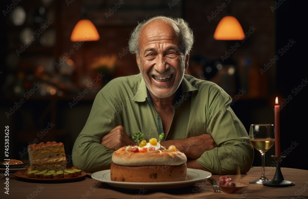 Elderly Man Laughing Joyfully While Sitting at a Dining Table With a Healthy Meal