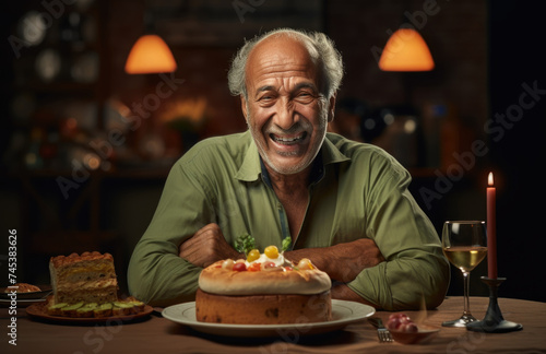 Elderly man laughing joyfully while sitting at a dining table with a healthy meal. 