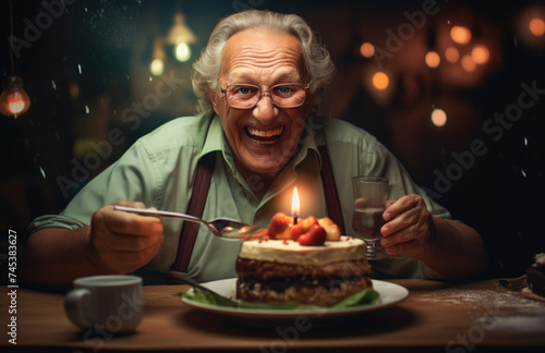Elderly man laughing joyfully while sitting at a dining table with a healthy meal. 