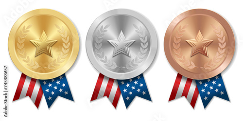 Golden silver and bronze award sport medal with USA ribbons and star