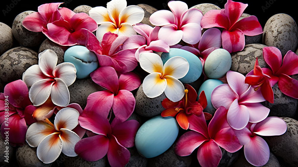 Beautiful flowers and easter eggs on black background. Greeting card on an Easter theme. Happy Easter concept.