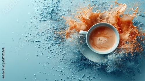 a cup of coffee with orange juice splashing out of it on a blue surface with water droplets around it. photo