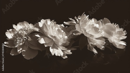 a group of white flowers sitting on top of a black table next to a vase with a flower in it.