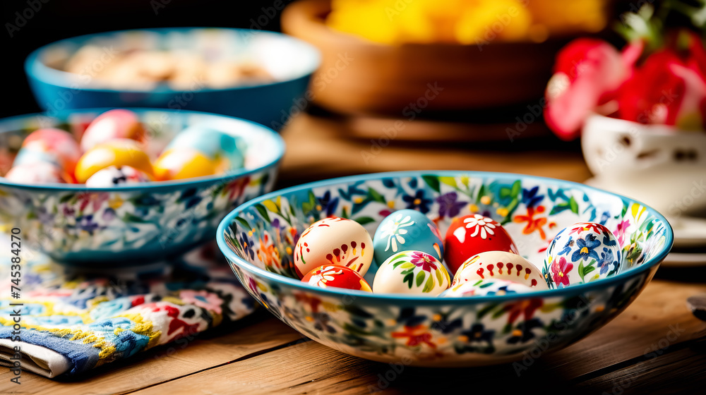 Colorful easter eggs in a bowl on a wooden table. Greeting card on an Easter theme. Happy Easter concept. Colorful easter eggs in a bowl on a wooden table. Greeting card on an Easter theme. Happy Easter concept.