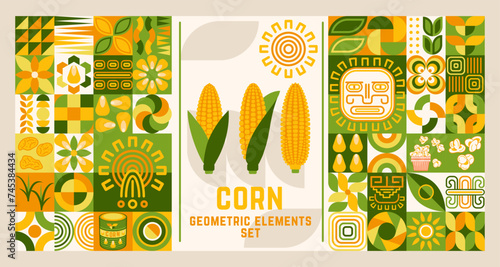 Set of corn design elements in simple geometric style. Icons, abstract geometric shapes. Good for branding, decoration of food package, cover design, decorative print, background.